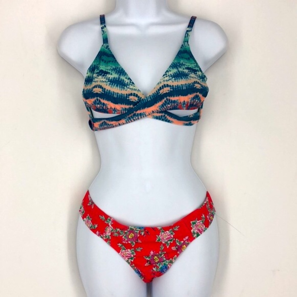 Floral Blue Pink Pattern Wrap Bikini Set Swim Summer Ocean Beach Medium